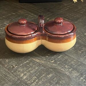 💥Vintage Ceramic Double‎ Condiment Dish Stoneware Pottery💥